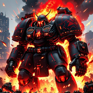 a Warhammer 40k IMPERIUM Skorpek Destroyer \(ek_ct4k\) standing in a battle field,black and red colored armor,ek_game_3ffect,blurry city background,explosion,fire,flame,dynamic angle,anime style by Makoto Shinkai,ek_ph0t0_b00ster, ek_an1_b00ster,upper body shot