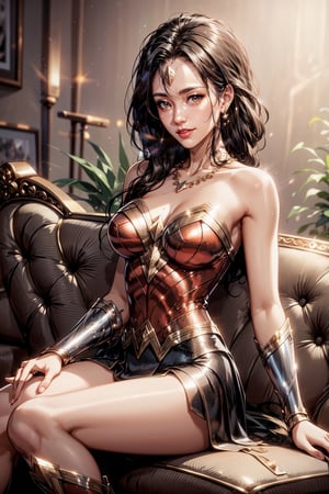 Korean wonder_woman sitting on luxury mansion couch, (smile), dark brown eyes, (looking at viewer), sexy pose, (full body), slim waist big hips, natural huge breasts, detailed exquisite face, (masterpiece, best quality, ultra-detailed, 8K, realistic, intricate, photography, rule of thirds):1.2,  cinematic lighting, high ponytail, eyeliners, glossy lips, glossy skin, earrings, necklaces, 
1girl,han-hyoju