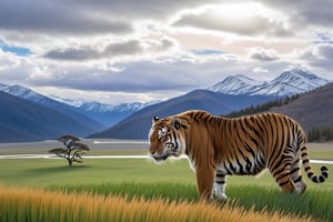 Hyper-Realistic photo of a tiger,cluttered maximalism
BREAK
(backdrop of lamarva11ey,outdoors,sky,day, cloud,tree,cloudy sky,grass,nature,beautiful scenery,mountain,winding road,landscape,american bisons),(tiger focus:1.2)
BREAK
(rule of thirds:1.3),perfect composition,studio photo,trending on artstation,(Masterpiece,Best quality,32k,UHD:1.4),(sharp focus,high contrast,HDR,hyper-detailed,intricate details,ultra-realistic,award-winning photo,ultra-clear,kodachrome 800:1.25),(infinite depth of perspective:2),(chiaroscuro lighting,soft rim lighting:1.15),by Karol Bak,Antonio Lopez,Gustav Klimt and Hayao Miyazaki,photo_b00ster,real_booster,art_booster,Ye11owst0ne