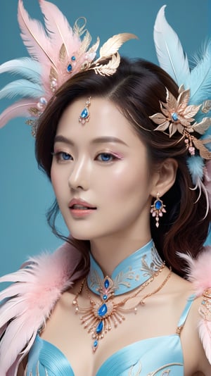 A gorgeous woman,alluring neighbor's wife,detailed exquisite symmetric face,make up,foxy eyes,soft shiny skin,studio photo,majestic,opulent,filigree jewelleries and fluffy feathers,azure white pink gold colors,untra-detailed,magic,epic,fantasy,barok,(full body sideview:1.3),jeon_jihyun