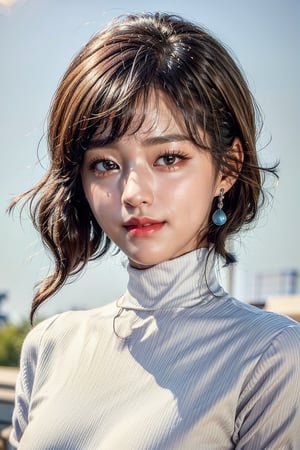 (masterpiece,best quality,ultra-detailed,8K,intricate, realistic),girl in photo studio,smile,black bob_cut,earrings,jewelry,(close-up on face),(sky blue:1.2) high neck shirt,(colorful),rembrandt lighting,seolhyun