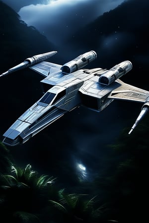 A realistic photo of starship x-wing starfighter in Star Wars universe,wings unfolded,laser cannons at each wing tip,front left view,engines located at wing root,flying over rain forest,at night,
ek_xw1ng,weapon,pilot,,ek_starsh1p,ek_xwf1