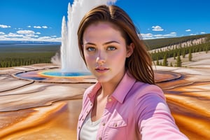 ((Hyper-Realistic)) upperbody photo of a beautiful 1girl taking a selfie in Old Faithful in Yellowstone,20yo,(kristen stewart),detailed exquisite face,detailed soft skin,hourglass figure,perfect female form,model body,looking at viewer,playful smirks,(perfect hands:1.2),(elegant white jacket,pink shirt and jean skirt),(girl focus)
BREAK
((Hyper-Realistic)) detailed photography of Old Faithful \(oldfa1thfu1\) in Yellowstone,outdoors,sky, day,tree,scenery,realistic,photo background,mostly white soil with some brown),(1girl focus)
BREAK
aesthetic,rule of thirds,depth of perspective,perfect composition,studio photo,trending on artstation,cinematic lighting,(Hyper-realistic photography,masterpiece, photorealistic,ultra-detailed,intricate details,16K,sharp focus,high contrast,kodachrome 800,HDR:1.2),photo_b00ster,real_booster,ye11owst0ne,(oldfa1thfu1:1.2),more detail XL,H effect,art_booster