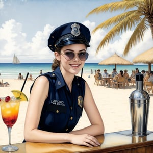 Hyper-Realistic photo of a beautiful LAPD police officer sitting in a cocktail bar on a beach,20yo,1girl,solo,LAPD police uniform,cap,detailed exquisite face,soft shiny skin,smile,looking at viewer,Kristen Stewart lookalike,cap,sunglasses,fullbody:1.3
BREAK
backdrop:cocktail bar,table,cocktail,beach,sky,boat,[cluttered maximalism]
BREAK
settings: (rule of thirds1.3),perfect composition,studio photo,trending on artstation,depth of perspective,(Masterpiece,Best quality,32k,UHD:1.4),(sharp focus,high contrast,HDR,hyper-detailed,intricate details,ultra-realistic,kodachrome 800:1.3),(cinematic lighting:1.3),(by Karol Bak$,Alessandro Pautasso$,Gustav Klimt$ and Hayao Miyazaki$:1.3),art_booster,photo_b00ster, real_booster