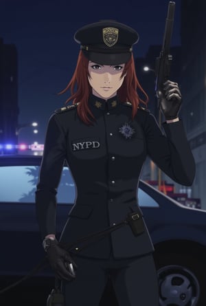 Anime of a beautiful police woman,NYPD,cap,uniform,holding AR-15 rifle in one hand,city street backdrop,police car,strobes,[[night]],lights,cable,realistic,detailed,sharp focus,high contrast,rule of thirds,(chiaroscuro lighting),by the style of Hayao Miyazaki and makoto shinkai's artworks,ek_art_b00ster,ek_an1_b00ster,gal gadot