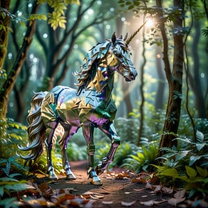 A majestic unicorn strolling on a moonlit forest path, its iridescent mane shimmering in the soft glow, surrounded by lush foliage and dappled shadows.