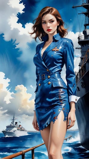 (alcohol ink watercolor art) of a beautiful 20yo US Navy officer in Navy uniform standing on a ship,exquisite face,perfect female form,model body,heels,backdrop of US Navy cruise ship in the ocean,sky,clouds
BREAK 
colorful splatters and ink stains backdrop,(Frank Miller's Sin City style:1.3),trending on artstation,CG society,(rule of thirds:1.3),art_booster,minimalist,amazing quality