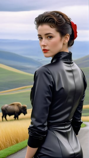 Hyper-Realistic photo of a girl,(20yo),1girl,Sean Young \(Blade Runner\),perfect female form,perfect body proportion,mysterious,perfect anatomy,(elegnt black suit and red shirt:1.3),detailed exquisite face,soft shiny skin,brown eyes,lips,mesmerizing,detailed black updo hair,Prada bag
BREAK
(backdrop of lamarva11ey,outdoors,sky,day, cloud,tree,cloudy sky,grass,nature,beautiful scenery,mountain,winding road,landscape,american bisons),(girl focus:1.2)
BREAK
(rule of thirds:1.3),perfect composition,studio photo,trending on artstation,(Masterpiece,Best quality,32k,UHD:1.4),(sharp focus,high contrast,HDR,hyper-detailed,intricate details,ultra-realistic,award-winning photo,ultra-clear,kodachrome 800:1.3),(volumetric lighting:1.3),photo_b00ster, real_booster,art_booster,Ye11owst0ne