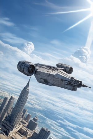 A starship razor crest \(star wars\) flying over a city,sky,cloud,futuristic city skyscrapers,cannons on head side,canopy on head top,jet engine on wing tip,top mounted wingsblunt head,door on left side,realistic,detailed,sharp focus,high contrast, ek_raz0r_cre5t,ek_rcfr0nt_left