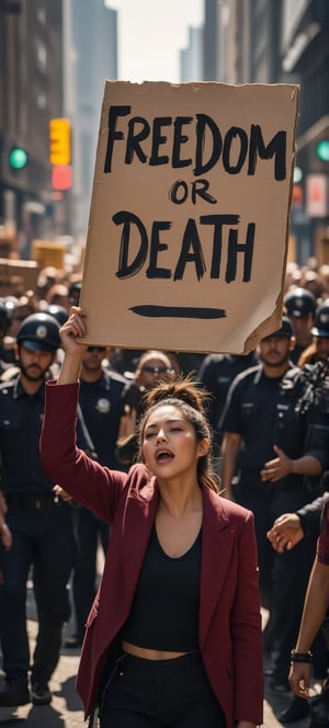 Anime of a powerful scene of a beautiful, determined woman leading a protest march, standing at the forefront of a crowd. She holds a bold, hand-painted banner that reads 'Freedom or Death,' her eyes filled with courage as she shouts passionately, her voice carrying over the crowd. The woman is not alone—beside her, protesters march in solidarity, gripping the edges of the same banner, their faces showing the same resolve and defiance. The atmosphere is tense, as uniformed police officers surround the group on all sides, their presence creating a stark contrast to the hopeful, fearless energy of the marchers. The woman’s posture is unwavering, her fist raised high as she leads the chant, symbolizing resistance and the fight for freedom. The scene captures a moment of bravery, where a single voice, joined by many, stands firm against oppression, with the looming threat of force ever-present. The tension in the air is palpable, but the spirit of the protesters remains unbroken." This prompt captures the emotion and intensity of a protest where the fight for freedom takes center stage.
BREAK
anime style by makoto shinkai,detailed,sharp focus,high contrast,rule of thirds,depth of perspective,award-winning photo,chiaroscuro lighting
BREAK
ek_g1rl_02,ek_art_b00ster,beauy_ks01, ek_ph0t0_b00ster,ek_an1_b00ster