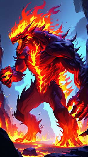 a fire monster \(ek_ge1frt\),roaring,open mouth,ek_game_3ffect,dynamic pose,simple background,blurry cave background,lava flowing,smoke,dynamic angle,anime style by ghibli,detailed,ek_ph0t0_b00ster,ek_an1_b00ster