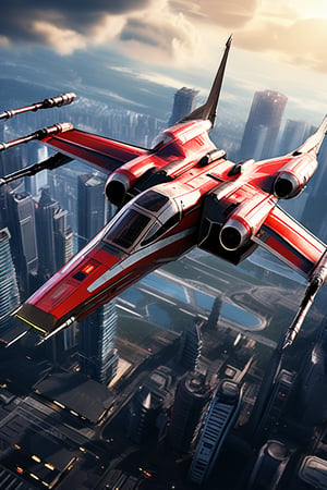 A realistic photo of starship x-wing starfighter in Star Wars universe,red striped body,flying over a futuristic city,wings unfolded,laser cannons at each wing tip,engines located at wing root,
BREAK
backdrop:cityscrapes,sky,cloud,front left view,
ek_starsh1p,ek_xw1ng,ek_xwf1,realistic,detailed,sleek shiny aircraft