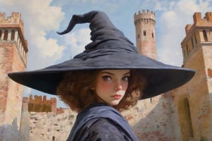 ((Ultra-Detailed)) portrait of a girl wearing a witchhat, standing in front of a castle,1 girl,20yo,detailed exquisite face,soft shiny skin,playful smirks,detailed pretty eyes,glossy lips 
BREAK
(backdrop:italian castle,documentary photograph,stone wall,14th century)
BREAK 
sharp focus,high contrast,studio photo,trending on artstation,ultra-realistic,Super-detailed,intricate details,HDR,8K,chiaroscuro lighting,vibrant colors,by Karol Bak,Gustav Klimt and Hayao Miyazaki,
inkycapwitchyhat,itacstl,real_booster,art_booster