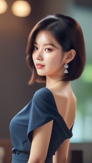Very (detailed) illustration of a ((best quality)), ((masterpiece)),mesmerizing and alluring female model,cute,23yo,eductive smirks,sharp high node,looking at viewer,disheveled black bob_cut,(full body:1.3), view from back BREAK skinny tight clothes,torn clothes,[bare] shoulders, small earrings,necklaces,hourglass_figure, natural huge breasts,glossy skin BREAK high contrast,[colorful],rule of thirds,cinematic lighting,very sexy pose,detailmaster2,han-hyoju-xl