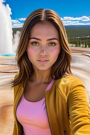 ((Hyper-Realistic)) upperbody photo of a beautiful brazilian 1girl taking a selfie in Old Faithful in Yellowstone,20yo,detailed exquisite face,detailed soft skin,hourglass figure,perfect female form,model body,looking at viewer,playful smirks,(perfect hands:1.2),(elegant yellow jacket,white shirt and pink skirt),(girl focus)
BREAK
((Hyper-Realistic)) detailed photography of Old Faithful \(oldfa1thfu1\) in Yellowstone,outdoors,sky, day,tree,scenery,realistic,photo background,mostly white soil with some brown),(1girl focus)
BREAK
aesthetic,rule of thirds,depth of perspective,perfect composition,studio photo,trending on artstation,cinematic lighting,(Hyper-realistic photography,masterpiece, photorealistic,ultra-detailed,intricate details,16K,sharp focus,high contrast,kodachrome 800,HDR:1.2),photo_b00ster,real_booster,ye11owst0ne,(oldfa1thfu1:1.2),more detail XL,H effect