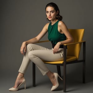 A stylish female fashion model sitting confidently on a chair, wearing a sleek green top, cream leggings, and high heels. She strikes an elegant, bold pose with one leg slightly extended, showcasing her modern, sophisticated fashion and poise.masterpiece,best quality,32K,UHD,HDR,realistic,detailed,sharp focus,high contrast,rule of thirds,depth of perspective,award-winning photo,chiaroscuro lighting,beauy_ks01,round chin no dimple,ek_art_b00ster,ek_ph0t0_b00ster