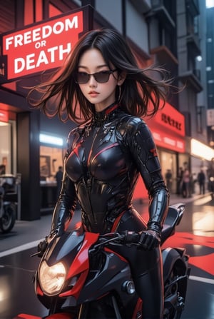 a cyborg girl in mecha armor. Black and red colored armor. neon light lines glowing, exquisite face, soft shiny skin, longhair blowing, sunglasses. riding a motor cycle, kawasaki ninja h2 carbon at high speed,city street backdrop,puddles,focused expression,dark,((Big neon light saying "Freedom or Death" in the background))
BREAK
realistic,detailed,sharp focus,high contrast,rule of thirds,depth of perspective,award-winning photo,chiaroscuro lighting,ek_g1rl_02,ink style