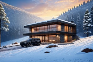 a beautiful ((Hyper-Realistic)) cabin on a hill,outdoors, modern style cabin,luxurious brick and concrete and stone textures with black and grey colors,snow,snowing,window,trees,(cool SUV in front of cabin:1.3),aesthetic,rule of thirds,studio photo,trending on artstation,(cabin and SUV focus),(Hyper-realistic photography,masterpiece,ultra-detailed,intricate details,8k,sharp focus,high contrast,kodachrome 800,HDR:1.2),by Antonio Lopez,Diego Koi,Karol Bak and Hayao Miyazaki,H effect,real_booster,art_booster, ani_booster,more detail XL,ani_booster,Comic Book-Style 2d,w1nter res0rt