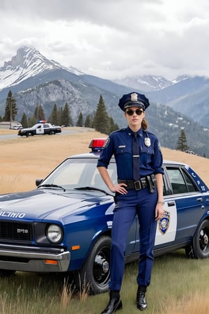 Hyper-Realistic photo of a beautiful LAPD police officer,20yo,1girl,solo,LAPD police uniform,cap,detailed exquisite face,soft shiny skin,smile,sunglasses,looking at viewer,Kristen Stewart lookalike,cap,fullbody:1.3
BREAK
backdrop:lamarva11ey,outdoors,sky,day, cloud,tree,cloudy sky,grass,nature, beautiful scenery,mountain,winding road,landscape, american bisons,police car,(girl focus),[cluttered maximalism]
BREAK
settings: (rule of thirds1.3),perfect composition,studio photo,trending on artstation,depth of perspective,(Masterpiece,Best quality,32k,UHD:1.4),(sharp focus,high contrast,HDR,hyper-detailed,intricate details,ultra-realistic,kodachrome 800:1.3),(cinematic lighting:1.3),(by Karol Bak$,Alessandro Pautasso$,Gustav Klimt$ and Hayao Miyazaki$:1.3),art_booster,photo_b00ster, real_booster,y0sem1te,Ye11owst0ne