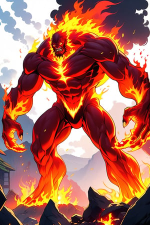 a fire giant \(ek_ge1frt\),good superhero style,roaring,open mouth,ek_game_3ffect,dynamic pose,simple background,blurry hilltop background,smoke,dynamic angle,anime style by makoto shinkai,detailed,ek_ph0t0_b00ster,ek_an1_b00ster