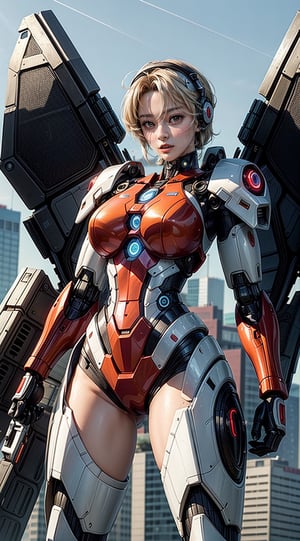(masterpiece,best quality,ultra-detailed,8K,intricate, realistic),Generate AI art featuring a formidable female mecha warrior. Picture her in a dynamic pose, surrounded by futuristic technology and a cityscape in the background. Emphasize the strength, grace, and high-tech sophistication of this cybernetic warrior. Use a combination of sleek design, intricate details, and a touch of futuristic aesthetic to showcase the prowess and beauty of the female mecha warrior,kwon-nara