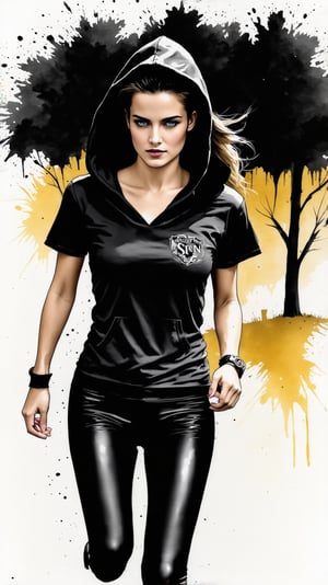 a beautiful 20yo model girl standing running in a park,detailed exquisite face,Kristen stewart  lookalike,hood t-shirt and leggings,medium breasts,perfect female form,[model body],

Frank Miller's Sin City style,ink art,watercolor,splash, chiaroscuro lighting,ek_art_b00ster,ek_1nk_art,(dark:1.3),score_9,score_8_up,score_7_up