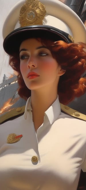 analog style,Gorgeous woman,20yo,wearing ((fire officer uniform)),1950s,on a ship,close up, ultra high res 8K,grainy,digital Art,perfect composition, beautiful detailed intricate insanely detailed octane render trending on artstation,8 k artistic photography, photorealistic concept art,soft natural volumetric cinematic perfect light,chiaroscuro, award-winning photograph,masterpiece,oil on canvas,ani_booster,{by Karol Bak,Gustav Klimt and Hayao Miyazaki},real_booster