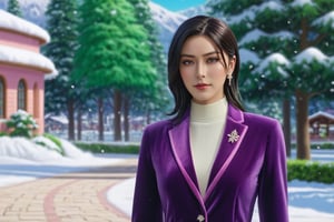 portrait of a sophisticated girl standing in front of resort center,20yo,alluring neighbor's wife,clear facial features,detailed exquisite face,perfect female form,elegant jacket on shirt and short skirt,detailed resort center backdrop,snow,trees, (Emerald Green,Salmon Rose,Velvet Violet,Ivory Cream color),
trending on artstation,perfect composition,cinematic lighting,(anime vibes:1.2),kuchiki rukia,real_booster, ani_booster,niji5,art_booster,(wide shot:1.4) 
BREAK
(resort center:luxurious modern style building,windows,brick walls,shop,sign,snow,trees,road,parking area:1.3), w1nter res0rt,(resort center focus:1.3)