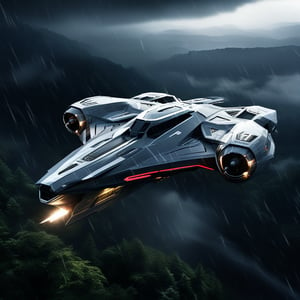 A realistic photo of starship, razor crest \(star wars\),flying over a rain forest at night,rainy,lightning, wings on top,big jet engine on wing tip,canopy on head nose top,,blunt front nose,cannon on head side,front left view,ek_starsh1p,ek_raz0r_cre5t,ek_rcfr0nt_left