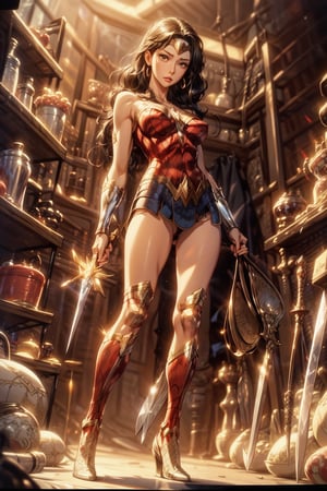 (masterpiece, best quality, ultra-detailed, 8K):1.1, (realistic:1.2), (intricate:1.2), wonder_woman attacks with sword, pencing attack pose, huge breast, hourglass figure, detailed exquisute face, symmetric face, detailed eyes, glossy lips, glossy skin, earrings, necklaces, (full body), cinematic lighting, yuzu, side angle, kwon-nara, looking at viewer