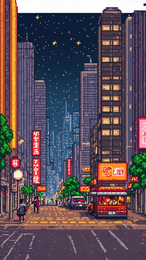 Pixel art of a vibrant cityscape at night. Tall skyscrapers with illuminated windows, neon signs, and bustling streets filled with people. Brightly lit billboards and streetlights cast a warm glow. Cars and buses move along the roads, while people walk on sidewalks and gather at street corners. A dark sky with twinkling stars above, reflecting the lively atmosphere of the city. Small details like street vendors, food carts, and trees along the sidewalks add charm to the scene.,ek_art_b00ster,photo realistic,pixelartsd3