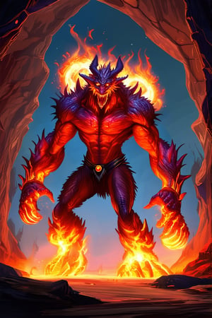 a devil monster stands in dark cave. He uses the magic ring and turns into the ultimate form of a fire magic \(ek_ge1frt\) monster,fire elemental effect,ek_game_3ffect,ek_real_b00ster