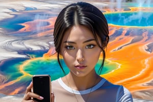 ((Hyper-Realistic)) photography of a beautiful girl taking selfie of Grand Prismatic Spring of Yellowstone,holding a smart phone,20yo,detailed symmetric face,detailed soft shiny skin,detailed eyes,sharp nose,short hair,hourglass figure,perfect female form,mesmerizing and alluring,looking at viewer,(upperbody shot:1.3)
BREAK
(backdrop;grandpr1smat1c,vivid color for Spring,orange mane-like soil around the pool,brown and white soil color,smoke from spring,brown and white color soil,1 spring)
BREAK
rule of thirds,studio photo,perfect composition,(masterpiece,HDR,trending on artstation,8K,Hyper-detailed,intricate details,hyper realistic,high contrast:1.3),cinematic lighting,soft rim lighting,key light reflecting in the eyes,by Karol Bak,Antonio Lopez,Gustav Klimt and Hayao Miyazaki,
wonder-woman-xl, photo_b00ster,real_booster, art_booster,Decora_SWstyle,seolhyun,Ye11owst0ne