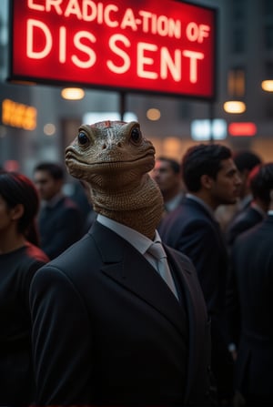 A sleek and imposing reptilian figure, dressed in a sharp suit, stands confidently in front of a crowd. Above it, a glowing neon sign reads 'Eradication of Dissent,' casting an eerie light on the scene. The reptilian’s true face is hidden behind a smiling human mask, projecting an air of charm and authority. While the onlookers are captivated by the charismatic façade, subtle hints of its true nature peek through—the gleam of scales and cold, calculating eyes just visible at the edges of the mask. This scene captures the eerie contrast between the reptilian overlord's deceptive appearance and its sinister intent, embodying the hidden control exerted over humanity.
BREAK
detailed exquisite face,soft shiny skin,realistic,detailed,sharp focus,high contrast,rule of thirds,depth of perspective,award-winning photo,chiaroscuro lighting,ek_g1rl_02