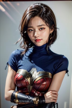 (masterpiece,best quality,ultra-detailed,8K,intricate, realistic),girl in photo studio,deep blue gradient background,smile,black bob_cut,earrings,jewelry, upper body,high neck knit shirt on top,(colorful),rembrandt lighting,seolhyun,wonder_woman