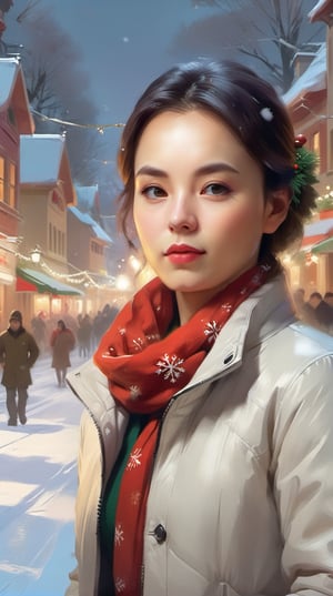 Create AI art portraying the beautiful 23yo girl in a Christmas setting, a snowy park adorned with twinkling lights and festive decorations. Picture her strolling along a path surrounded by glistening snow, with the soft glow of holiday lights casting a warm and magical ambiance. The scene should evoke a sense of tranquility and joy, capturing the essence of a peaceful Christmas moment in a charming winter landscape.digital painting,greg rutkowski,han-hyoju-xl