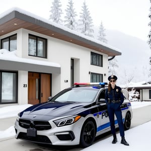 Hyper-Realistic photo of a beautiful LAPD police officer standing in front of a winter resort house,20yo,1girl,solo,LAPD police uniform,cap,detailed exquisite face,soft shiny skin,smile,sunglasses,looking at viewer,Kristen Stewart lookalike,cap,fullbody:1.3
BREAK
backdrop:luxurious modern resort house,police car,road,snow,tree,girl focus,[cluttered maximalism]
BREAK
settings: (rule of thirds1.3),perfect composition,studio photo,trending on artstation,depth of perspective,(Masterpiece,Best quality,32k,UHD:1.4),(sharp focus,high contrast,HDR,hyper-detailed,intricate details,ultra-realistic,kodachrome 800:1.3),(cinematic lighting:1.3),(by Karol Bak$,Alessandro Pautasso$,Gustav Klimt$ and Hayao Miyazaki$:1.3),art_booster,photo_b00ster, real_booster,w1nter res0rt