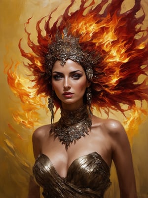 Create an oil painting in the style of Karol Bak, featuring a regal woman with an air of elegance and mystery. She should be adorned in intricate, flowing attire with a blend of metallic and organic textures. Her attire and headdress should incorporate elements of fire, giving the impression of flames and energy radiating around her. The color palette should be dominated by vibrant oranges, yellows, and reds, with rich contrasts and dynamic brushstrokes to evoke a sense of movement and intensity. The woman's expression should be confident and captivating, and the overall composition should be surreal and fantastical, with attention to fine details and a dramatic atmosphere,ek_art_b00ster