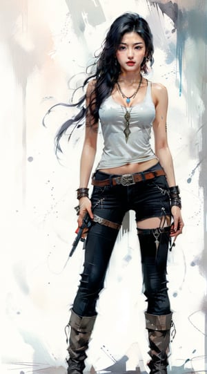 1girl, solo, black hair, jewelry, standing, full body, weapon, boots, pants, necklace, tank top, realistic, Impressionism painting, soft color palette, whimsical, full body picture, beautiful, highly detailed, digital illustration, award-winning masterpiece, dynamic, watercolor painting, smooth, sharp focus, illustration in the style of Russ Mills,jeon_jihyun