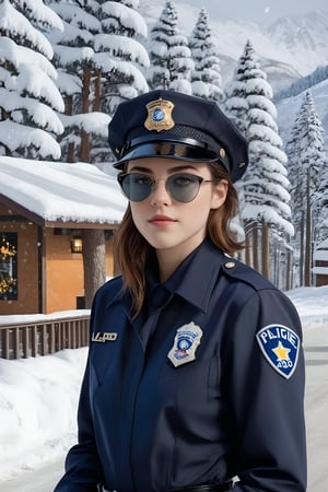 Hyper-Realistic photo of a beautiful LAPD police officer sitting in a winter resort,20yo,1girl,solo,LAPD police uniform,cap,detailed exquisite face,soft shiny skin,smile,looking at viewer,Kristen Stewart lookalike,cap,sunglasses,fullbody:1.3
BREAK
backdrop:winter resort house,snow,road,tree,[cluttered maximalism]
BREAK
settings: (rule of thirds1.3),perfect composition,studio photo,trending on artstation,depth of perspective,(Masterpiece,Best quality,32k,UHD:1.4),(sharp focus,high contrast,HDR,hyper-detailed,intricate details,ultra-realistic,kodachrome 800:1.3),(cinematic lighting:1.3),(by Karol Bak$,Alessandro Pautasso$,Gustav Klimt$ and Hayao Miyazaki$:1.3),art_booster,photo_b00ster, real_booster,w1nter res0rt