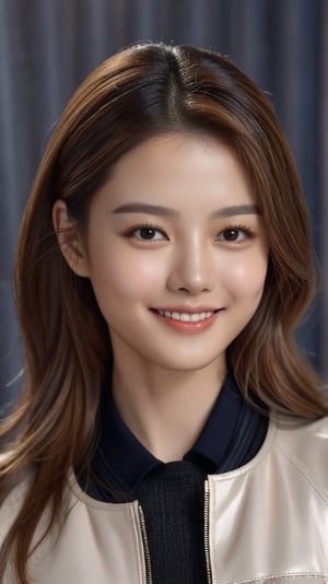 Hyper-realistic portrait of a girl,detailed symmetric face,detailed soft shiny skin,black eyes,small face,cute smile,long hair,elegant jacket on shirt,bokeh backdrop,studio photo,cinematic lighting,close-up,real_booster, art_booster,k1m_y0ujun6