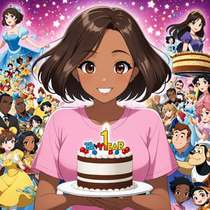 Highly detailed anime of a young girl holding a special cake with text "TA1YEAR Anniversary" on it,looking very happy,short brown hair,dark brown skin,wearing a pink shirt and black leggings,simple backdrop,cluttered maximalism,(Disney Pixar-style:1.3)
BREAK 
(anime vibes:1.3),rule of thirds,studio photo,(masterpiece,best quality,trending on artstation,8K,Hyper-detailed,intricate details,ink and pen),cinematic lighting,by Karol Bak,Antonio López,Gustav Klimt and Hayao Miyazaki,ani_booster,real_booster,art_booster