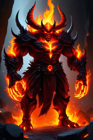 a devil monster stands in dark cave. He uses the magic ring and turns into the ultimate form of a fire magic \(ek_ge1frt\) monster,fire elemental effect,ek_game_3ffect,ek_real_b00ster