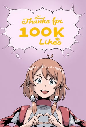 Anime of a happy cute cyborg girl,making hand heart,big smile,looking at viewer,by ghibli,big word bubble with bold font on top saying "Thanks for 100K Likes ❤️",ek_an1_b00ster,flux_makima