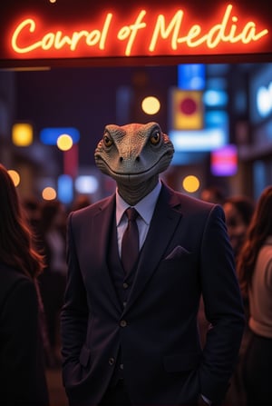 A sleek and imposing reptilian figure, dressed in a sharp suit, stands confidently in front of a crowd. Above it, a glowing neon sign reads 'Conrol of Media,' casting an eerie light on the scene. The reptilian’s true face is hidden behind a smiling human mask, projecting an air of charm and authority. While the onlookers are captivated by the charismatic façade, subtle hints of its true nature peek through—the gleam of scales and cold, calculating eyes just visible at the edges of the mask. This scene captures the eerie contrast between the reptilian overlord's deceptive appearance and its sinister intent, embodying the hidden control exerted over humanity.
BREAK
detailed exquisite face,soft shiny skin,realistic,detailed,sharp focus,high contrast,rule of thirds,depth of perspective,award-winning photo,chiaroscuro lighting,ek_g1rl_02,ek_ph0t0_b00ster