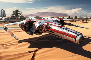 A realistic photo of starship x-wing starfighter in Star Wars universe,red striped body,parked on ground with ((stands)) on desert,wings folded,laser cannons at each wing tip,engines located at wing root, backdrop:desert,sand,palm tree,,sky,cloud,cityscrapes,front left view,R2 D2 walking around next to the ship, ek_starsh1p,ek_xw1ng,ek_xwf1,realistic,detailed,sleek shiny aircraft