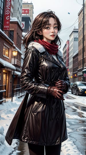 (masterpiece,best quality,ultra-detailed,8K,intricate, realistic,cinematic lighting),Generate AI art showcasing an elegant woman in a vibrant and chic winter ensemble. Envision her in a tasteful yet colorful winter coat, complemented by stylish accessories like a scarf and gloves. Capture the essence of a winter scene, with snowflakes gently falling around her. Utilize a rich and lively color palette, celebrating the seasonal vibrancy while maintaining the sophistication of her winter attire. Craft an image that encapsulates both the grace of winter fashion and the captivating charm of an elegantly dressed woman in the snow.kwon-nara
