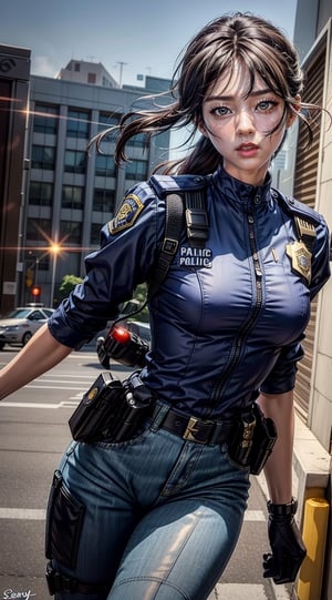 (masterpiece,best quality,ultra-detailed,8K,intricate, realistic,cinematic lighting),Generate AI art portraying a bold and colorful female detective, confidently exiting an LAPD police car, gun drawn, and sprinting towards apprehending a suspect. Envision her in a detailed LAPD uniform with a vibrant yet professional touch, capturing the essence of both law enforcement and individual style. Emphasize the uniform's signature blue color, incorporating accurate design elements, badges, and accessories. Convey the intensity and determination of this LAPD detective in action through intricate details and dynamic composition.seolhyun