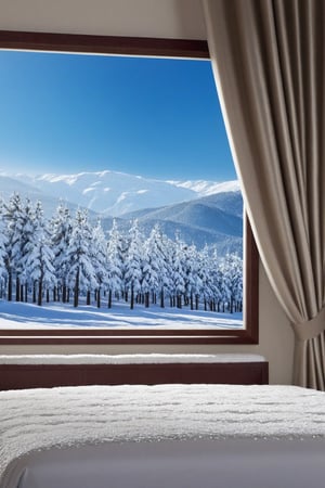 A realistic photo of bedroom in winter resort, pillow,lamp,curtains,window,wall-mount TV,mirror,snow,tree, luxurious,bed focus,(hyper detailed,16K,HDR,hyper-realistic,sharp focus,high contrast,kodachrome 800:1.2),w1nter res0rt,H effect,art_booster,ani_booster