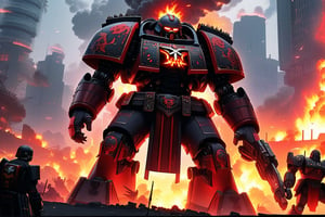 a Warhammer 40k IMPERIUM Skorpek Destroyer \(ek_ct4k\) standing in a battle field,black and red colored armor,ek_game_3ffect,blurry city background,explosion,fire,flame,dynamic angle,anime style by Makoto Shinkai,ek_ph0t0_b00ster, ek_an1_b00ster,upper body shot